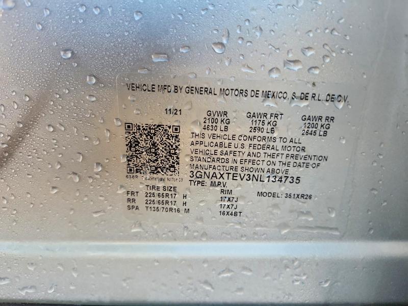 2022 Chevrolet Equinox მანქანა იყიდება აუქციონზე, vin: 3GNAXTEV3NL134735, აუქციონის ნომერი: 59632656
