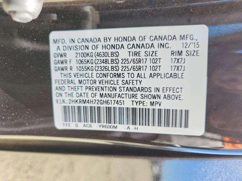 60184626 :رقم المزاد ، 2HKRM4H72GH617451 vin ، 2016 Honda Cr-v مزاد بيع