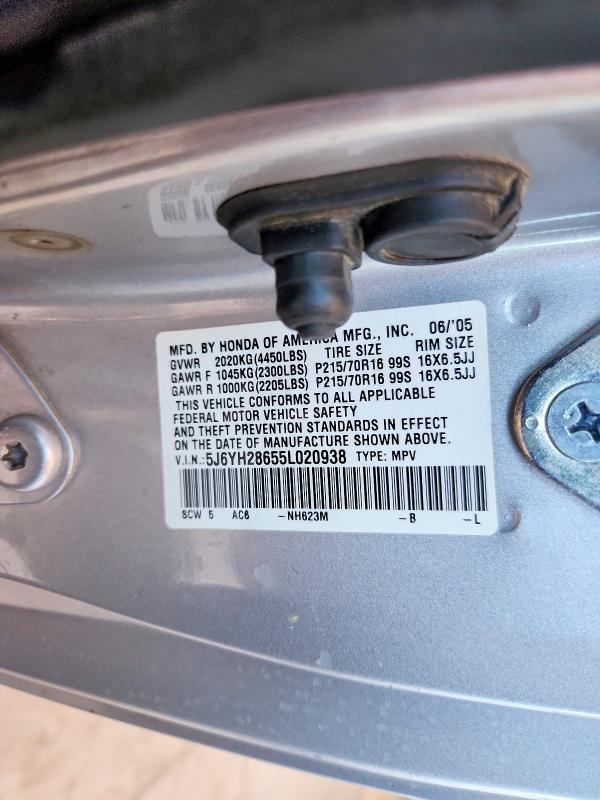 2005 Honda Element მანქანა იყიდება აუქციონზე, vin: 5J6YH28655L020938, აუქციონის ნომერი: 59641706
