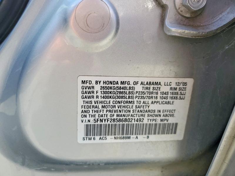 Aukcja sprzedaży 2006 Honda Pilot, vin: 5FNYF28586B021492, numer aukcji: 61887226