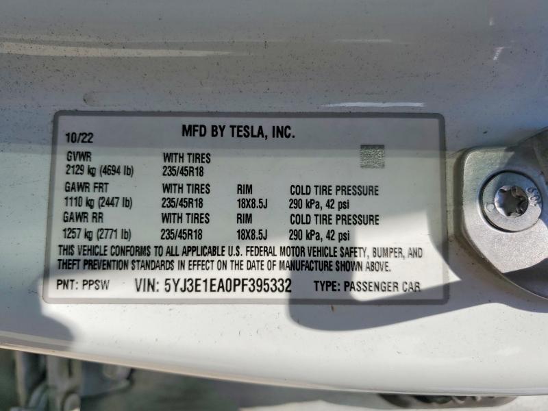 Aukcja sprzedaży 2023 Tesla Model 3, vin: 5YJ3E1EA0PF395332, numer aukcji: 59244366