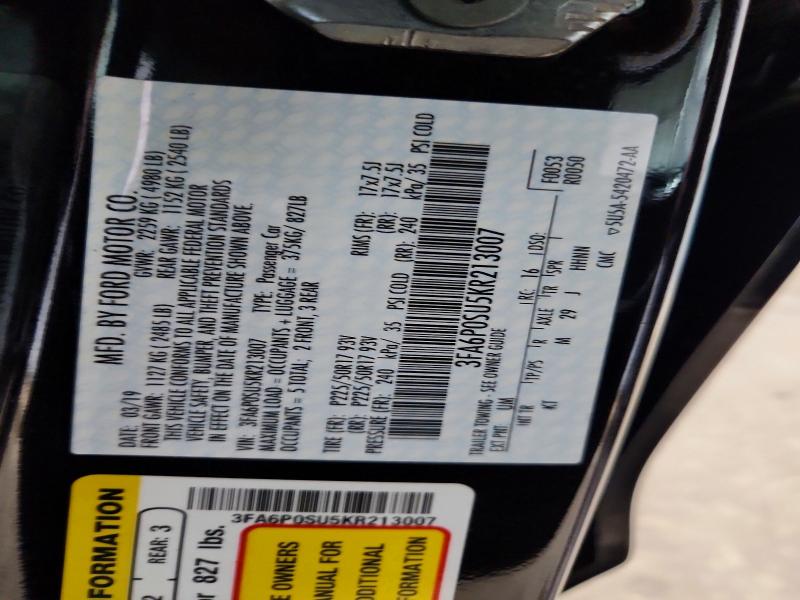 Auction sale of the 2019 Ford Fusion, vin: 3FA6P0SU5KR213007, lot number: 73344225