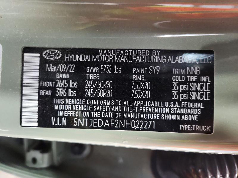 2022 Hyundai Santa Cruz მანქანა იყიდება აუქციონზე, vin: 5NTJEDAF2NH022271, აუქციონის ნომერი: 61343806