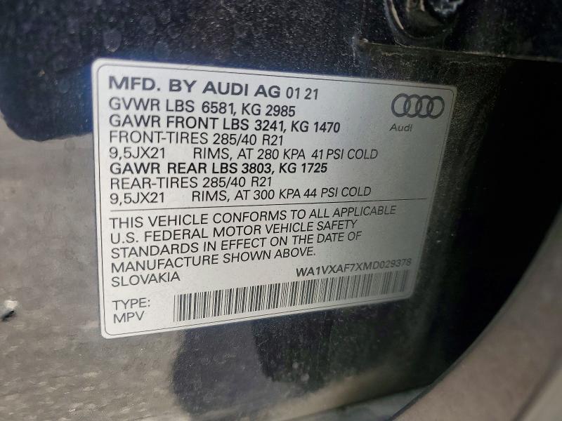 2021 Audi Q7 მანქანა იყიდება აუქციონზე, vin: WA1VXAF7XMD029378, აუქციონის ნომერი: 61050656