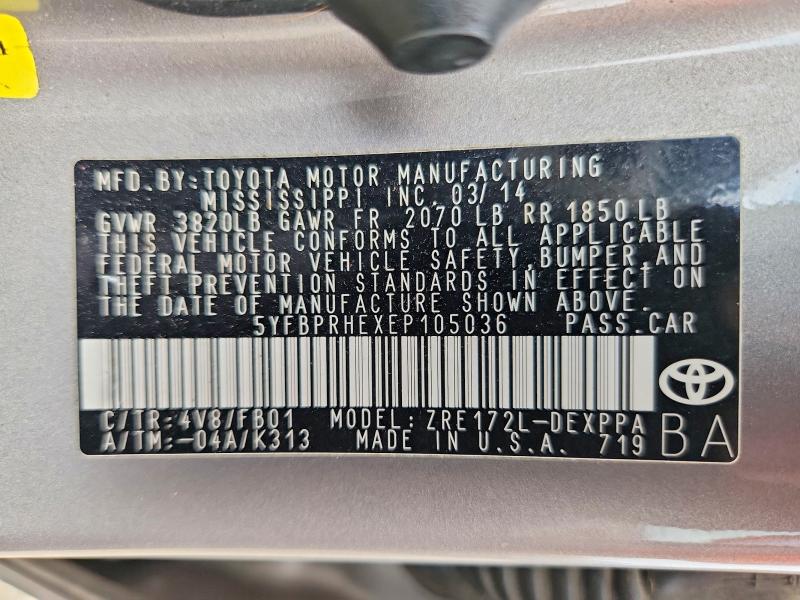 Aukcja sprzedaży 2014 Toyota Corolla, vin: 5YFBPRHEXEP105036, numer aukcji: 59531796