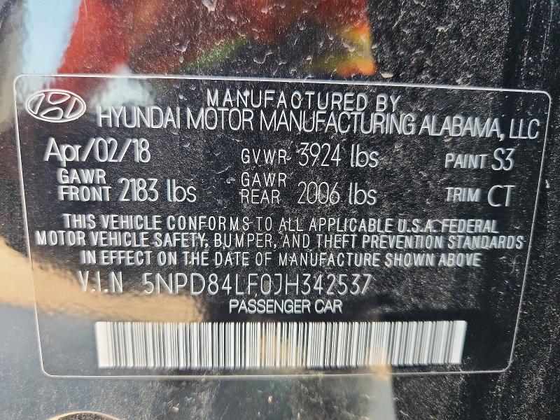 85962285 :رقم المزاد ، 5NPD84LF0JH342537 vin ، 2018 Hyundai Elantra مزاد بيع