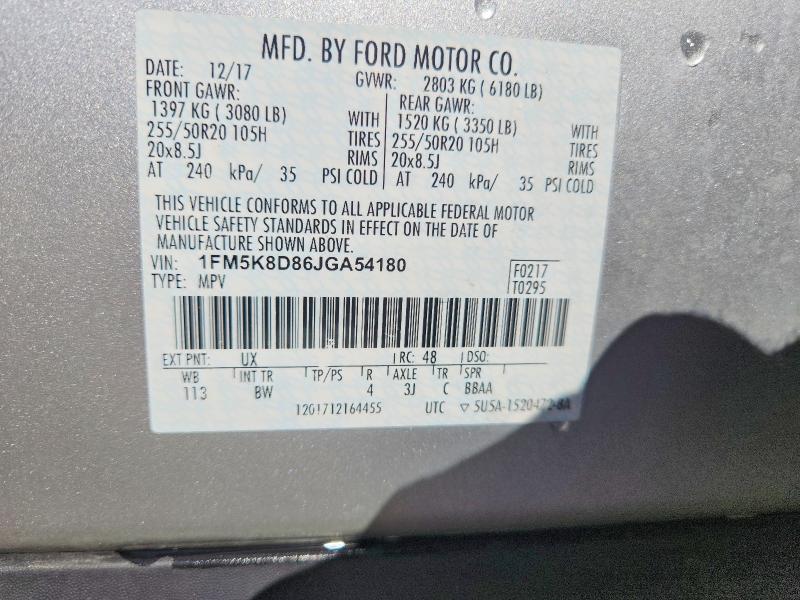 59972896 :رقم المزاد ، 1FM5K8D86JGA54180 vin ، 2018 Ford Explorer مزاد بيع