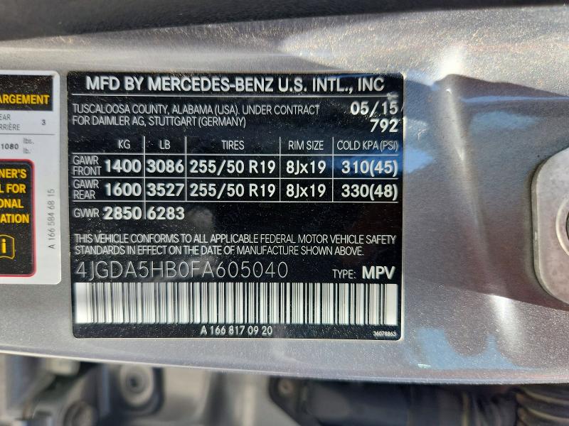 2015 Mercedes-benz Ml მანქანა იყიდება აუქციონზე, vin: 4JGDA5HB0FA605040, აუქციონის ნომერი: 61418456