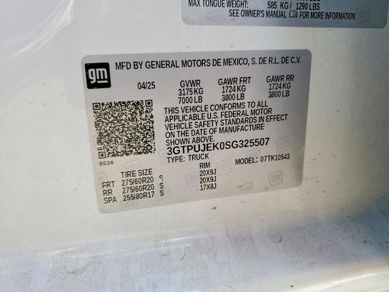 Aukcja sprzedaży 2025 Gmc Sierra, vin: 3GTPUJEK0SG325507, numer aukcji: 62243246
