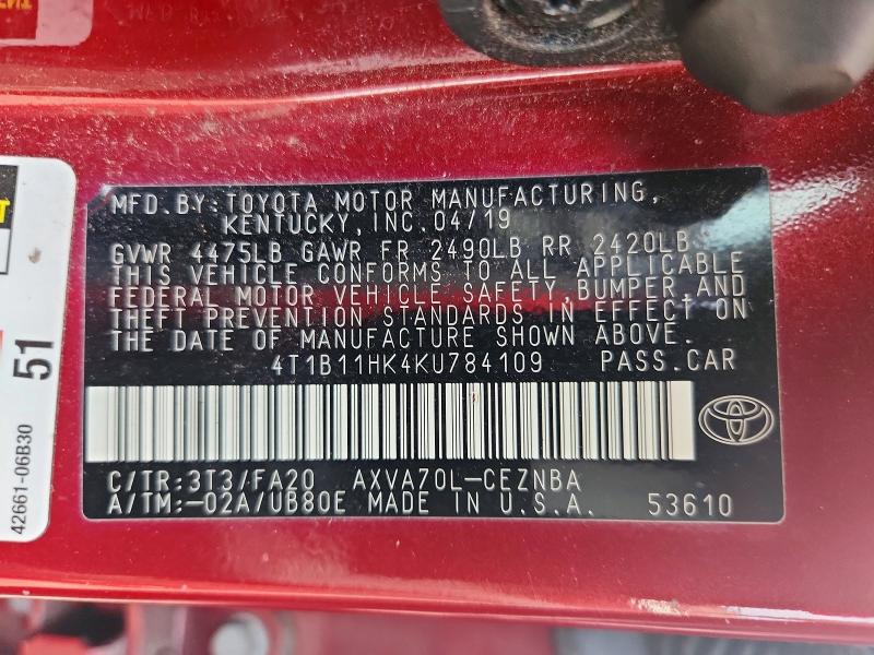 Aukcja sprzedaży 2019 Toyota Camry, vin: 4T1B11HK4KU784109, numer aukcji: 60811856