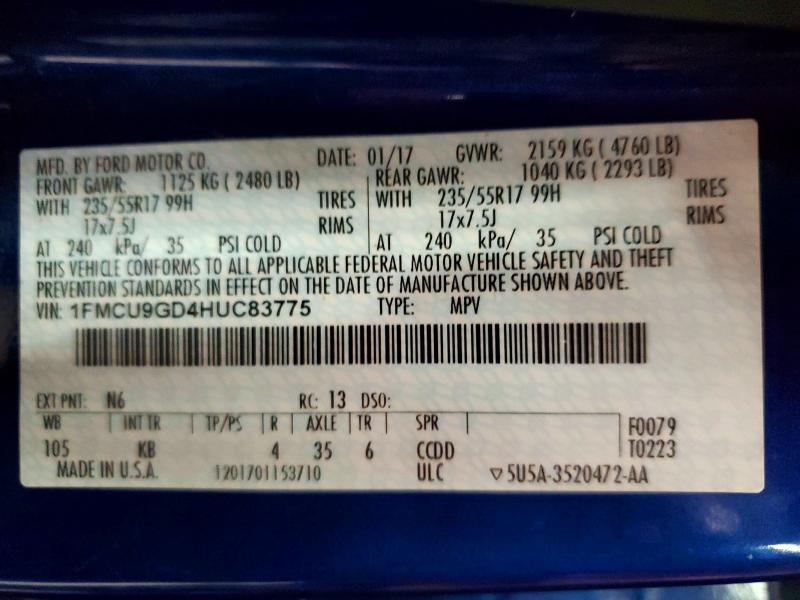 2017 Ford Escape მანქანა იყიდება აუქციონზე, vin: 1FMCU9GD4HUC83775, აუქციონის ნომერი: 61469176
