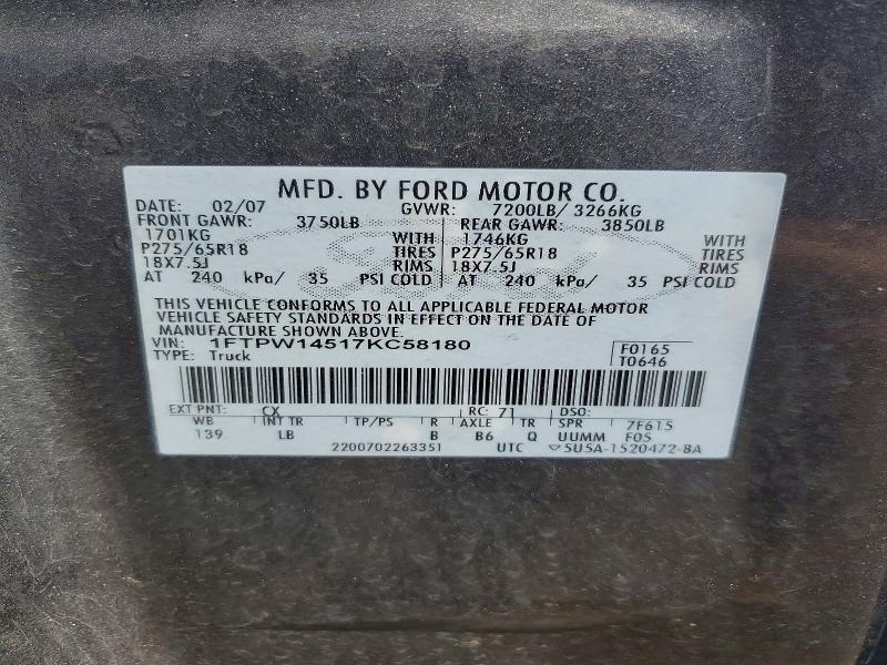 59224986 :رقم المزاد ، 1FTPW14517KC58180 vin ، 2007 Ford F150 مزاد بيع