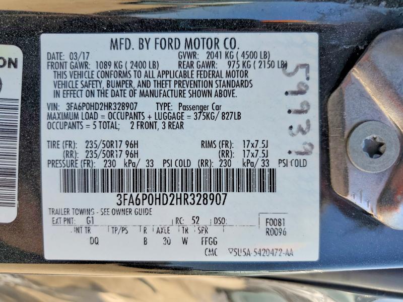 2017 Ford Fusion მანქანა იყიდება აუქციონზე, vin: 3FA6P0HD2HR328907, აუქციონის ნომერი: 59698366