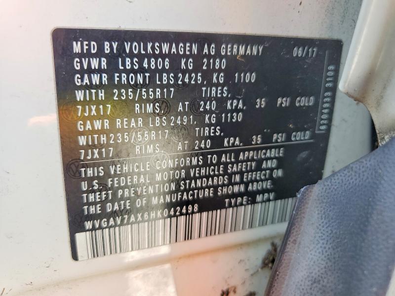 2017 Volkswagen Tiguan მანქანა იყიდება აუქციონზე, vin: WVGAV7AX6HK042498, აუქციონის ნომერი: 60554896