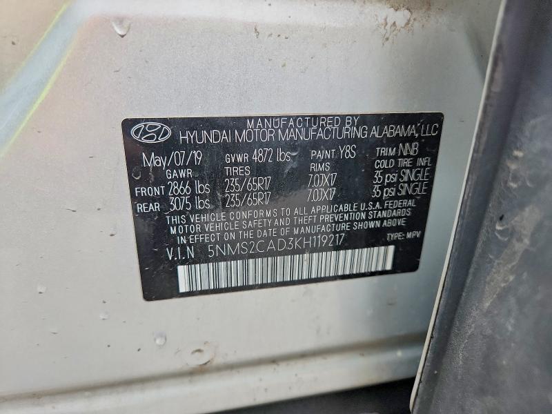 Aukcja sprzedaży 2019 Hyundai Santa Fe, vin: 5NMS2CAD3KH119217, numer aukcji: 62610246