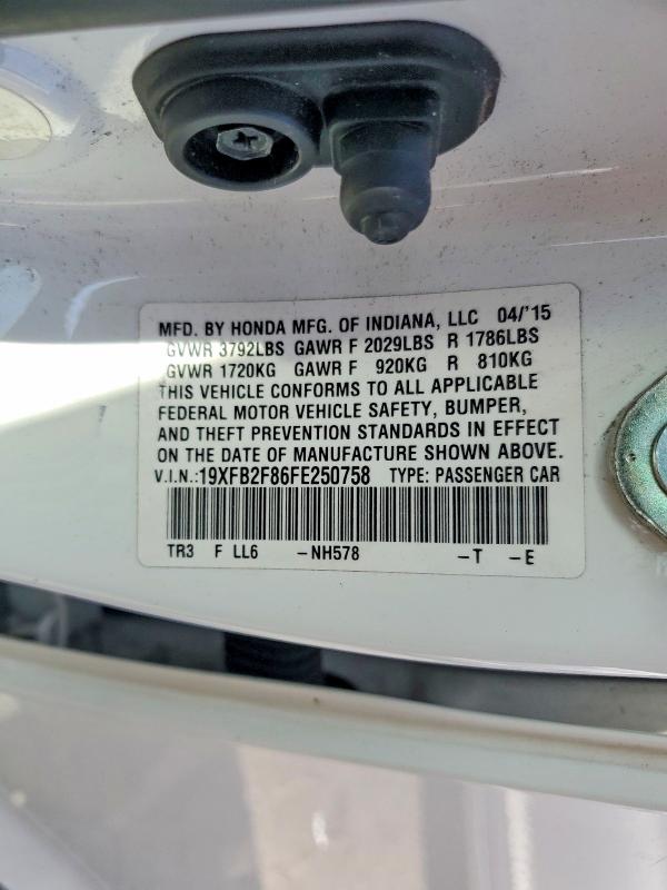 Auction sale of the 2015 Honda Civic, vin: 19XFB2F86FE250758, lot number: 60582436