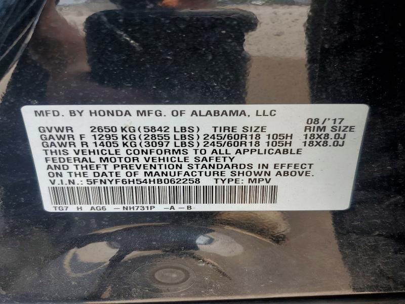 2017 Honda Pilot მანქანა იყიდება აუქციონზე, vin: 5FNYF6H54HB062258, აუქციონის ნომერი: 62625116
