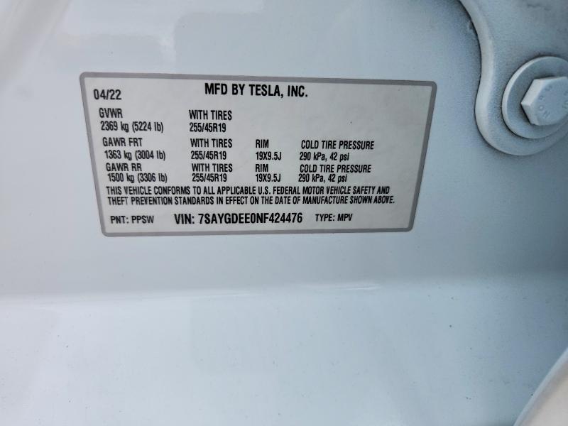 2022 Tesla Model Y მანქანა იყიდება აუქციონზე, vin: 7SAYGDEE0NF424476, აუქციონის ნომერი: 60527786