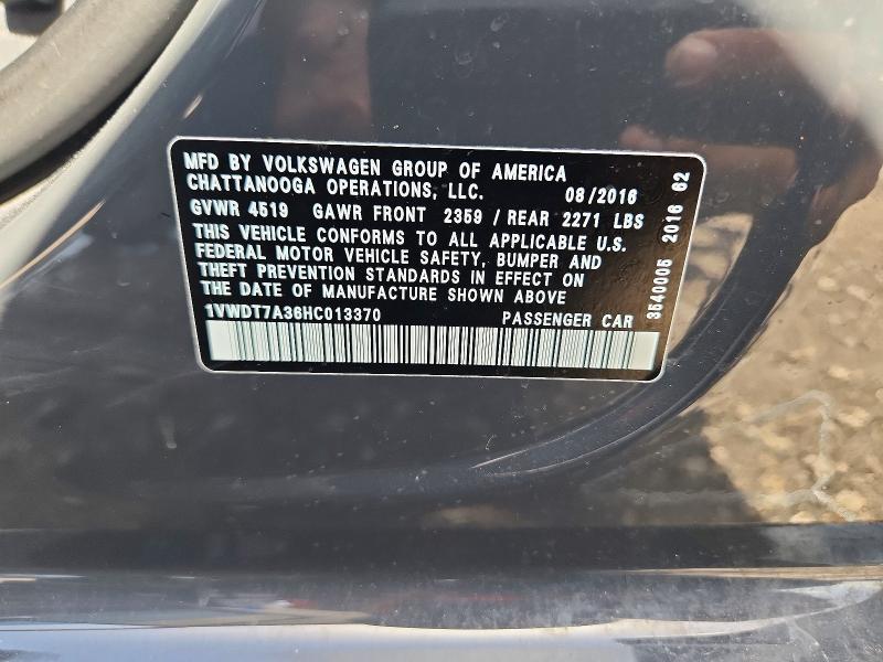 61248406 :رقم المزاد ، 1VWDT7A36HC013370 vin ، 2017 Volkswagen Passat مزاد بيع