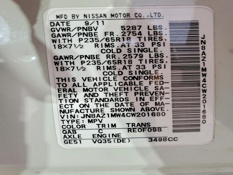 Aukcja sprzedaży 2012 Nissan Murano, vin: JN8AZ1MW4CW201680, numer aukcji: 60625236