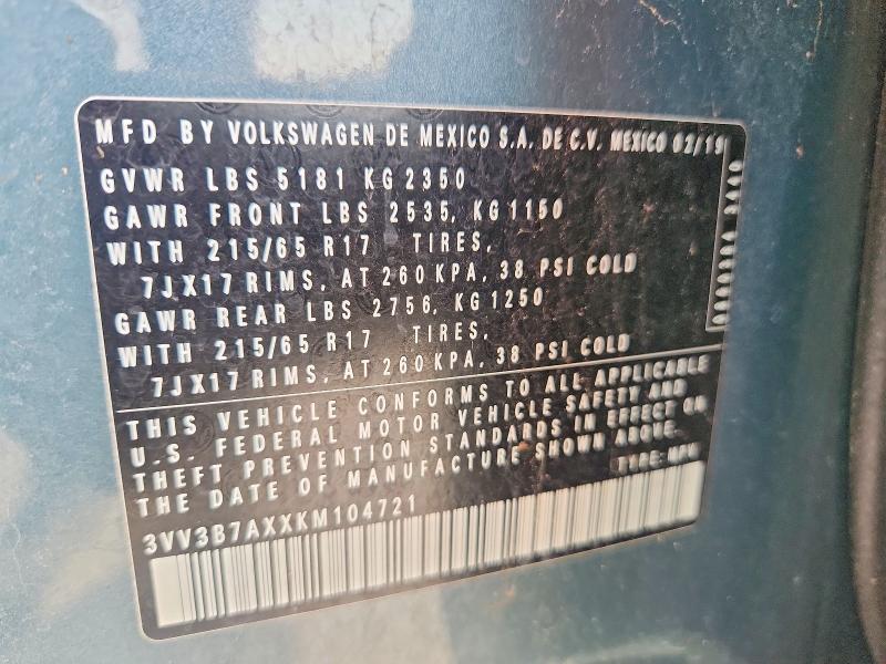 Aukcja sprzedaży 2019 Volkswagen Tiguan, vin: 3VV3B7AXXKM104721, numer aukcji: 62724156