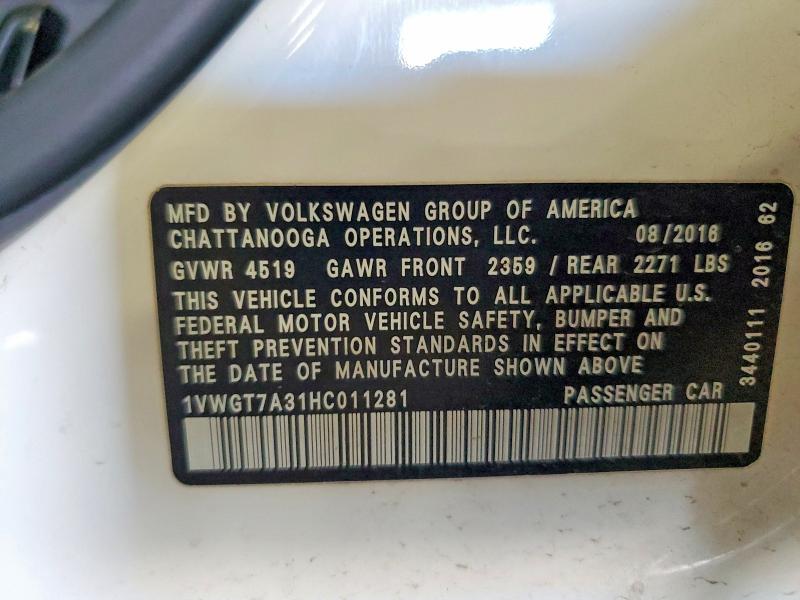 Продажа на аукционе авто 2017 Volkswagen Passat, vin: 1VWGT7A31HC011281, номер лота: 60967436