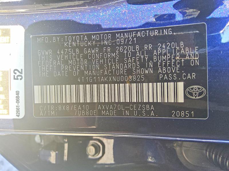 Продаж на аукціоні авто 2022 Toyota Camry, vin: 4T1G11AKXNU003825, номер лоту: 59389276