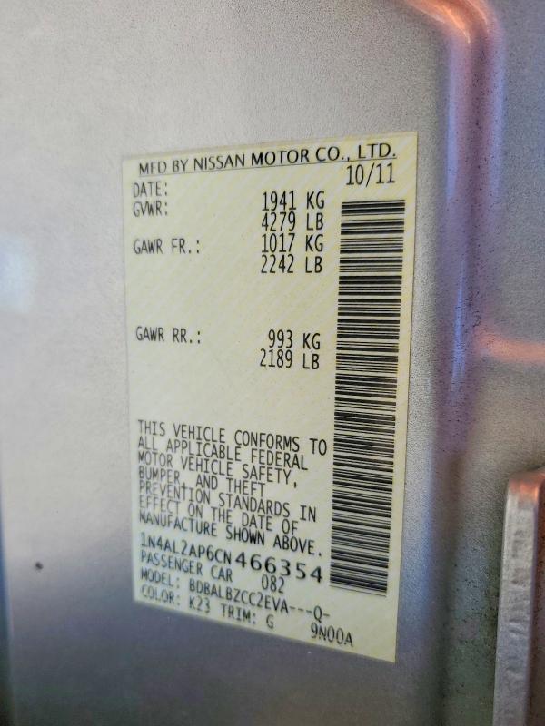 2012 Nissan Altima მანქანა იყიდება აუქციონზე, vin: 1N4AL2AP6CN466354, აუქციონის ნომერი: 61033876