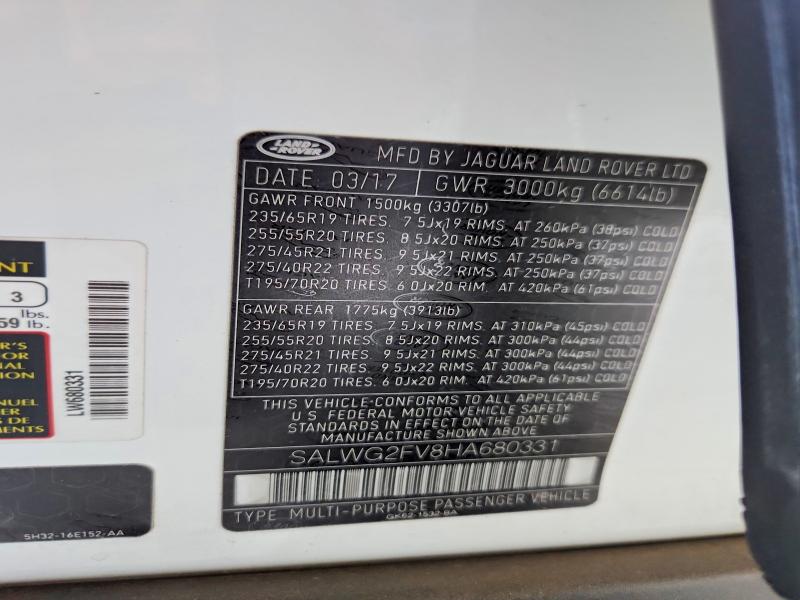 Aukcja sprzedaży 2017 Land Rover Range Rover Sport, vin: SALWG2FV8HA680331, numer aukcji: 60041946