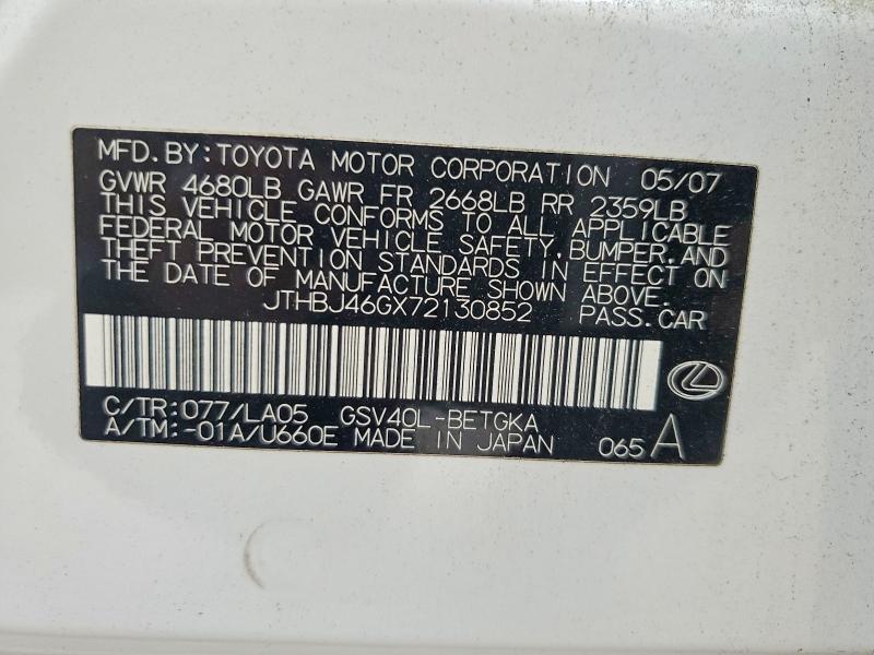 61504356 :رقم المزاد ، JTHBJ46GX72130852 vin ، 2007 Lexus Es مزاد بيع