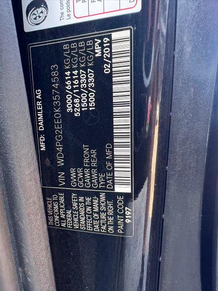63189326 :رقم المزاد ، WD4PG2EE0K3574583 vin ، 2019 Mercedes-benz Metris مزاد بيع