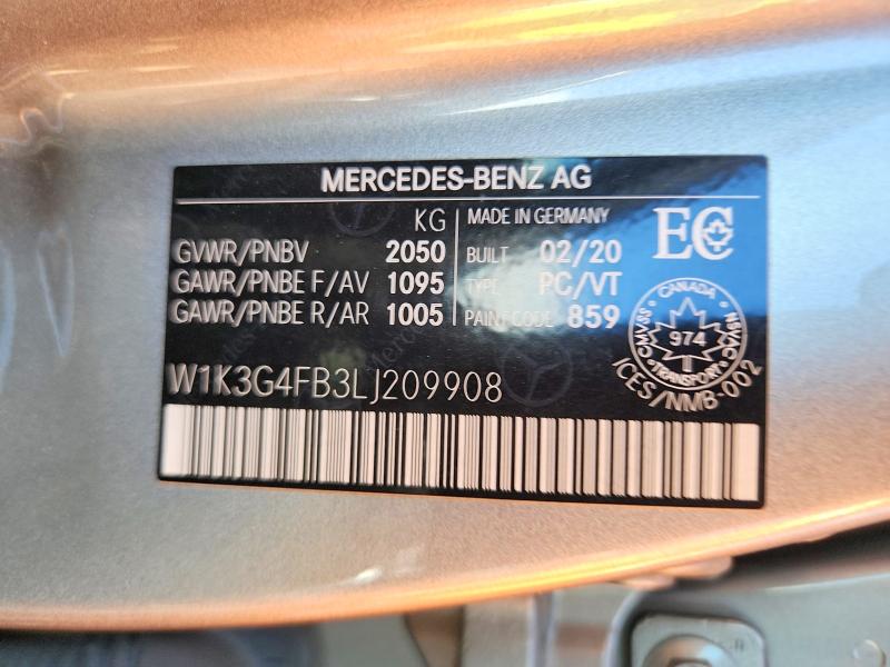 58583836 :رقم المزاد ، W1K3G4FB3LJ209908 vin ، 2020 Mercedes-benz A مزاد بيع