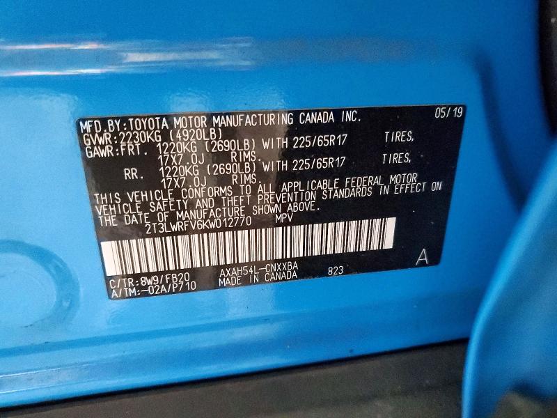 60810216 :رقم المزاد ، 2T3LWRFV6KW012770 vin ، 2019 Toyota Rav4 مزاد بيع