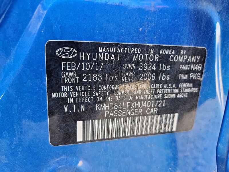 2017 Hyundai Elantra მანქანა იყიდება აუქციონზე, vin: KMHD84LFXHU401721, აუქციონის ნომერი: 61441696