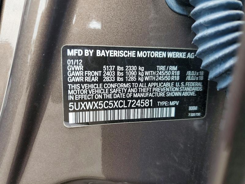 62161366 :رقم المزاد ، 5UXWX5C5XCL724581 vin ، 2012 Bmw X3 مزاد بيع