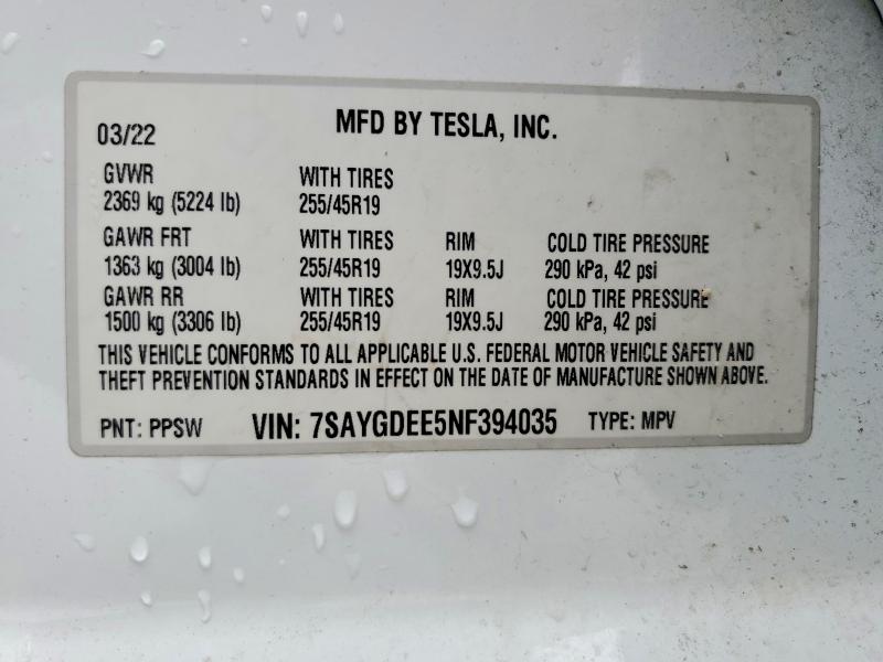 2022 Tesla Model Y მანქანა იყიდება აუქციონზე, vin: 7SAYGDEE5NF394035, აუქციონის ნომერი: 61082646