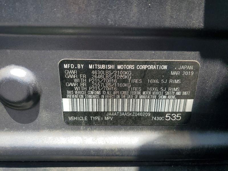 60675306 :رقم المزاد ، JA4AT3AA5KZ046209 vin ، 2019 Mitsubishi Eclipse Cross مزاد بيع