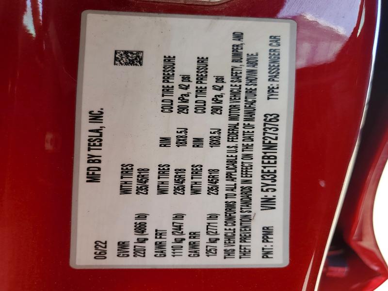 2022 Tesla Model 3 მანქანა იყიდება აუქციონზე, vin: 5YJ3E1EB1NF273763, აუქციონის ნომერი: 59842396