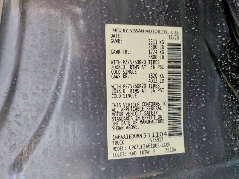 61970536 :رقم المزاد ، 1N6AA1ED0MN511104 vin ، 2021 Nissan Titan مزاد بيع