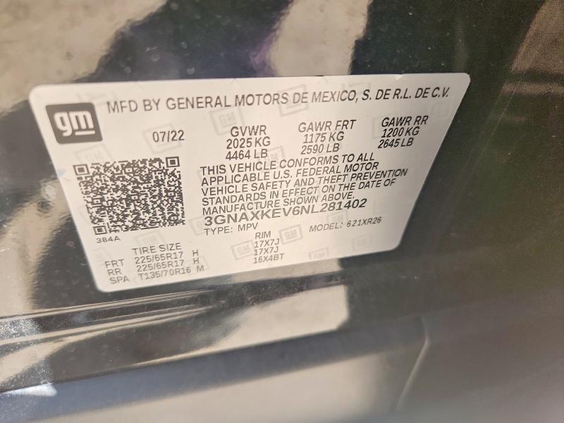 Auction sale of the 2022 Chevrolet Equinox, vin: 3GNAXKEV6NL281402, lot number: 59264066