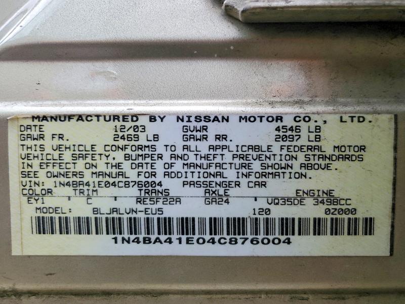 Aukcja sprzedaży 2004 Nissan Maxima, vin: 1N4BA41E04C876004, numer aukcji: 61184456