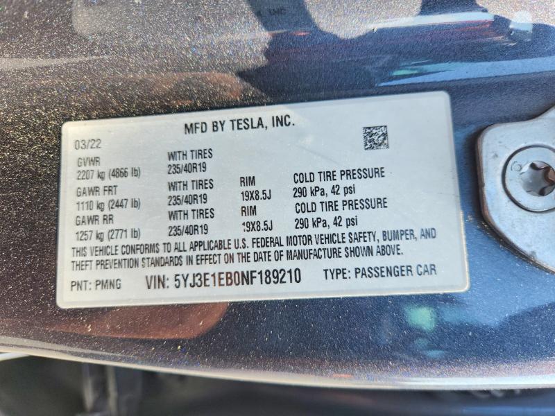 Aukcja sprzedaży 2022 Tesla Model 3, vin: 5YJ3E1EB0NF189210, numer aukcji: 62680406