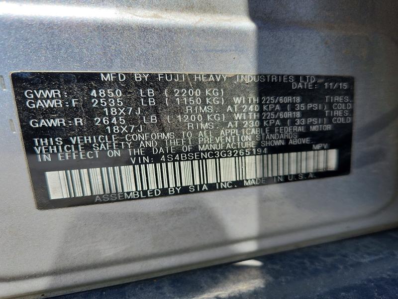 2016 Subaru Outback მანქანა იყიდება აუქციონზე, vin: 4S4BSENC3G3265194, აუქციონის ნომერი: 85771475