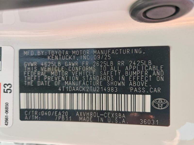 60684426 :رقم المزاد ، 4T1DAACK2TU214983 vin ، 2026 Toyota Camry مزاد بيع
