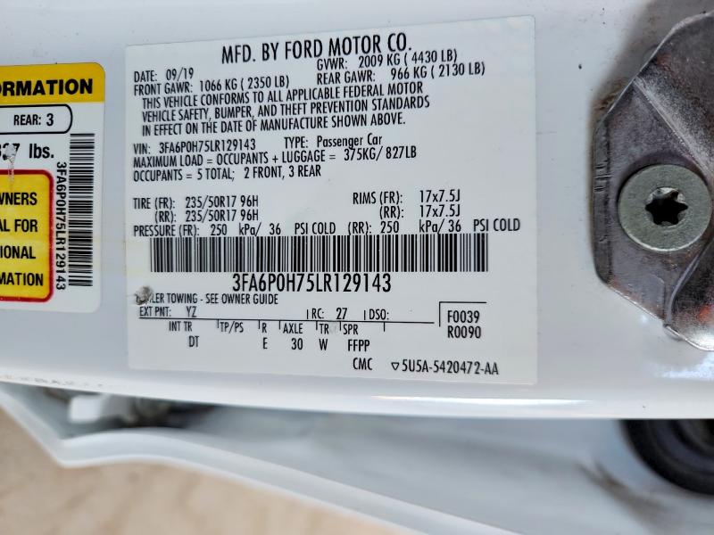 Продаж на аукціоні авто 2020 Ford Fusion, vin: 3FA6P0H75LR129143, номер лоту: 59815476