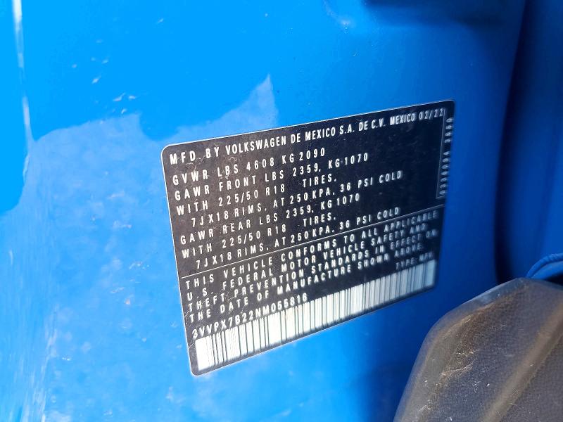 2022 Volkswagen Taos მანქანა იყიდება აუქციონზე, vin: 3VVPX7B22NM055816, აუქციონის ნომერი: 85992705