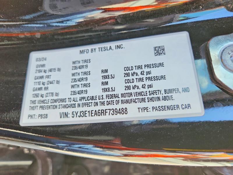 Aukcja sprzedaży 2024 Tesla Model 3, vin: 5YJ3E1EA6RF739488, numer aukcji: 62941176