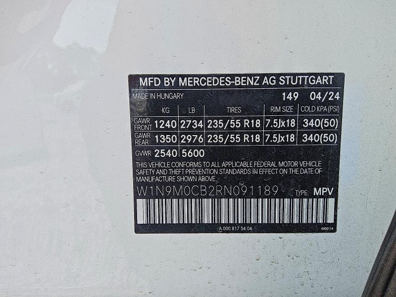 Aukcja sprzedaży 2024 Mercedes-benz Eqb, vin: W1N9M0CB2RN091189, numer aukcji: 59158346