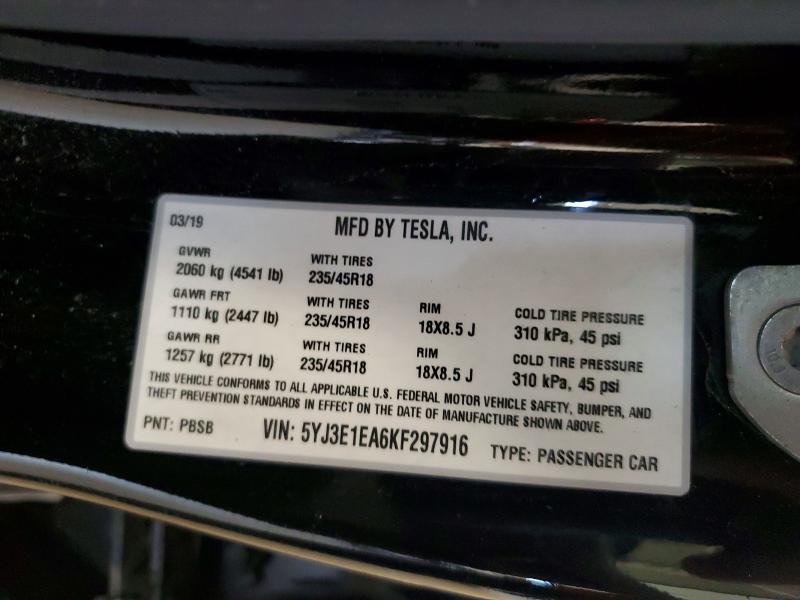 Aukcja sprzedaży 2019 Tesla Model 3, vin: 5YJ3E1EA6KF297916, numer aukcji: 61431996