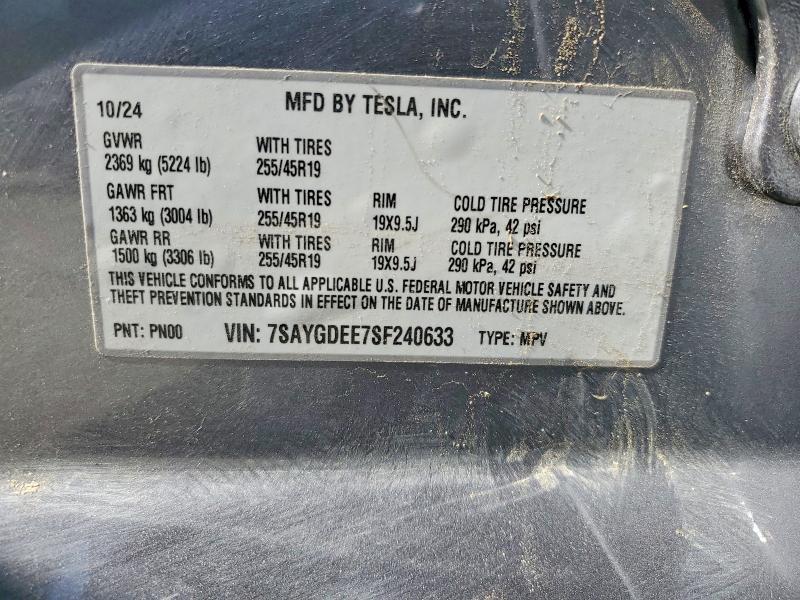 Продажа на аукционе авто 2025 Tesla Model Y, vin: 7SAYGDEE7SF240633, номер лота: 62609416